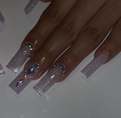 Square Bling Acrylic Nails, Rhinestone Nails With French Tip, Short French Tip Acrylic Nails Rhinestones, Glitter And Gem Acrylic Nails, Acrylic Nails Coffin Design Bling, White Nails With Glitter And Rhinestones, Glitter And Gem Nails, White Glitter Acrylics, Quince Nails Silver