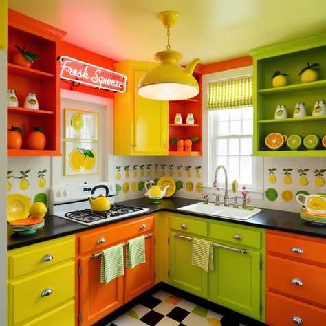 Home Decor Ideas: Bring Bold Colors and Vintage Vibes to Your Kitschy Kitchen!  "Turn your kitchen into a retro paradise with this kitschy kitchen inspo! Embrace 1950s kitchen style with eclectic kitchen design and quirky kitchen decor that’s both fun and unique. If you’re looking for bold kitchen inspiration, this 50s kitchen look is the perfect blend of nostalgia and vibrant decor. Fruit Themed Kitchen, Maximalist Kitchen, Eclectic Kitchen Design, Quirky Kitchen Decor, 50s Kitchen, Bold Kitchen, Vibrant Decor, Fruit Kitchen, 1950s Kitchen