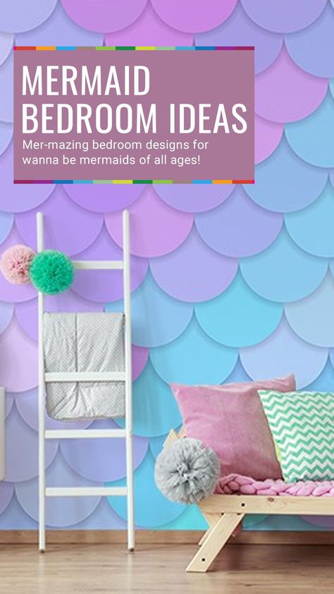 Diy Mermaid Scale Wall, Pink And Purple Girls Room, Ada Bedroom, Sea Bedroom Ideas, Mermaid Bedroom Ideas, Girls Mermaid Bedroom, Purple Bedroom Walls, Mermaid Room Ideas Kids, Little Mermaid Bedroom