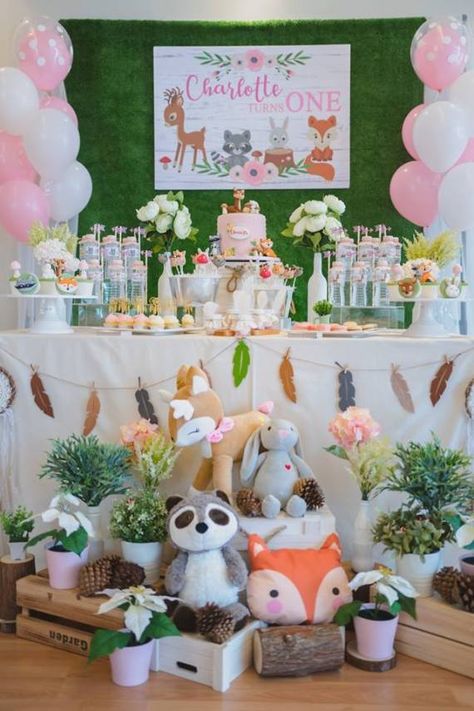 Rustic Woodland Animal Party - Birthday Party Ideas & Themes #babyshowerideas4u #birthdayparty #babyshowerdecorations #bridalshower #bridalshowerideas #babyshowergames #bridalshowergame #bridalshowerfavors #bridalshowercakes #babyshowerfavors #babyshowercakes Girly Woodland Birthday Party, Woodland Animal Birthday Party Girly, Woodland 1st Birthday Girl, Woodland Birthday Party Girl, Woodland First Birthday Girl, Girly Woodland Baby Shower Theme, Woodland Animal Birthday, Fox Birthday