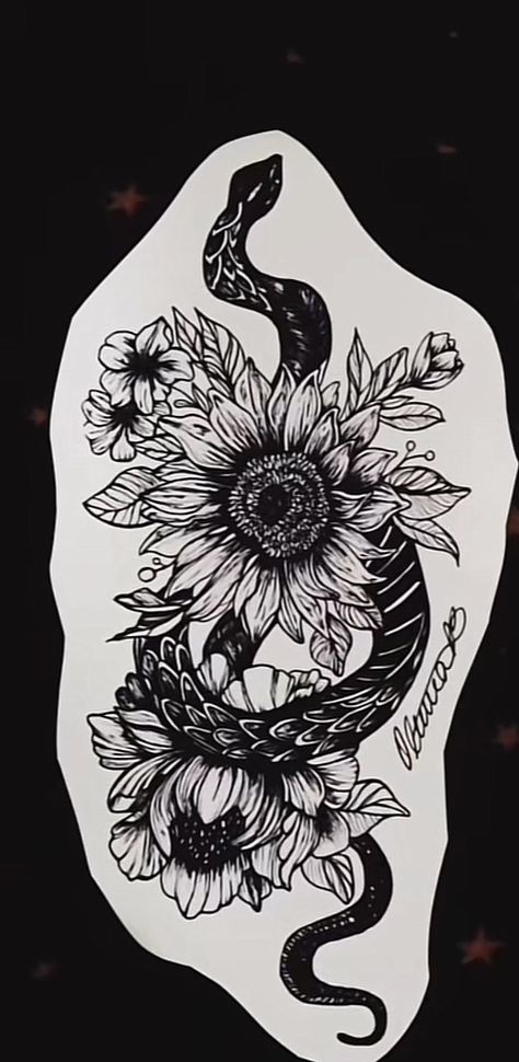 Snake And Flowers Tattoo, Sunflower Tattoo Meaning, Flower Tat, Snake Tattoo Design, Tattoos For Women Flowers, Sunflower Tattoos, Cute Tattoos For Women, Sunflower Tattoo, Snake Tattoo