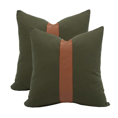 PRICES MAY VARY. Faux Leather + Cotton DURABLE MATERIAL- Double-sided design. Both sides are made of durable cotton and high quality vegan faux leather accent, comfortable and super great touch. Packaged included pack of 2 accent throw pillow covers 18x18 Inch / 45x45 cm. Covers ONLY , NOT include insert. CHIC DESIGN - The combination of moss green and brown makes the pillowcase stylish and elegant. Faux leather stripe stitching adds an element of class. This farmhosue pillow covers combines mod Terracotta Living Room, Green Pillow Cases, Boho Throw Pillow, Couch Pillow Covers, Modern Farmhouse Home Decor, Modern Farmhouse Home, Boho Throws, Boho Throw Pillows, Farmhouse Home Decor