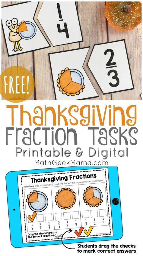 Holiday Fraction Activities, Thanksgiving Math Activities 3rd Grade, Thanksgiving Fractions, Thanksgiving Homeschool, Writing Fractions, Fraction Lessons, Thanksgiving Readings, Math Club, Fall Math Activities