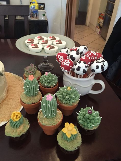 Wild West party desserts. Succulents cupcakes, cactus, cake pops. Western Party Cupcakes, Wild West Cupcakes, Wild West Dessert Ideas, Wild West Cake Ideas, Western Birthday Cupcakes, Cactus Cake Pops, Wild West Cake, Succulents Cupcakes, Western Cupcakes