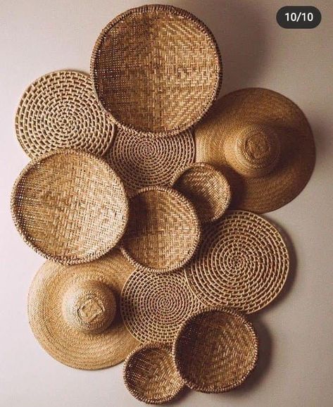 Woven Basket Decor Ideas, Side Table Decor Living Room Boho, Boho Cafe Design, Boho Cafe Interior, Filipino Decor, Blob Mirrors, Woven Basket Wall, Home Decor Minimalist, Casa Country