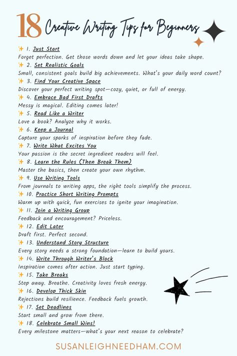 Ready to take your writing to the next level? These 18 creative writing tips are packed with advice for beginners to help you write consistently, edit effectively, and enjoy the process. Setting Development Writing, Writing Your Personal History, How To Write A Short Story Outline, Writing Novel Tips, Writing Smüt Tips, Stuff To Write About, Creative Writing Aesthetic, Book Ideas To Write, How To Write A Book