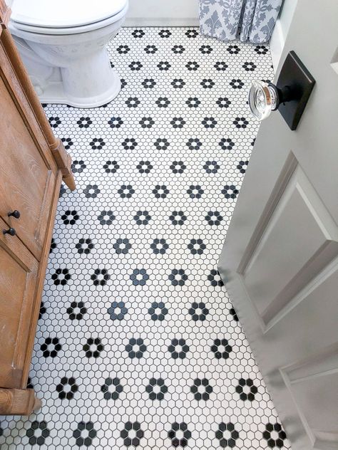 Saving Etta: Upstairs Bathroom Reveal Jeffrey Court Floral Terrace Floor Tile Flower Penny Tile Bathroom, Penny Tile Vs Hexagon Tile, Bathroom Flower Tile, Flower Tile Floor, Bathroom Hex Tile, Penny Floor Bathroom, Hexagon Flower Tile, Floral Tile Bathroom, Bathroom Tile Floor Ideas