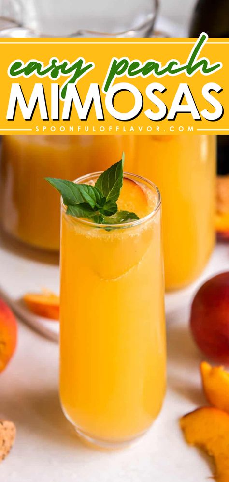 Kickstart summer starting with this Peach Mimosa Recipe! This fun summer cocktail is light, refreshing, and perfect for sipping by the pool or at a brunch gathering with friends. It also makes the best 4th of July cocktail recipe! Peach Mimosa Recipe Champagne, Mimosa Flavor Ideas, Easter Mimosa Ideas, Summer Mimosa Recipe, Mimosa Flight Ideas, Peach Mimosa Recipe, Flavored Mimosas, Peach Mimosas, Mimosa Flavors