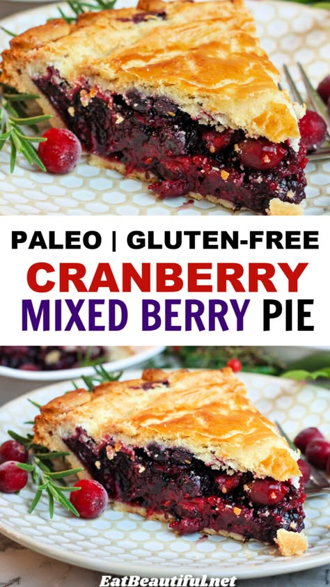 Paleo Cranberry-Mixed Berry Pie is full of juicy, tart & sweet fruit elevated by tart and flavorful cranberries. Gluten-free, AIP. Use any favorite crust recipe to make it fit your dietary needs. || paleo berry pie recipe | paleo berry pie | paleo mixed berry pie | gluten free berry pie | gluten free mixed berry pie | paleo holiday recipes | paleo holiday treats | paleo holiday desserts | paleo cranberry recipes | paleo cranberry pie | gluten free cranberry pie | christmas | dessert | desserts Holiday Baking Healthy, Cranberry Recipes Gluten Free, Christmas Desserts Gluten Free, Paleo Christmas Desserts, Paleo Pie Crust Recipe, Paleo Christmas Recipes, Gluten Free Christmas Treats, Healthy Holiday Baking, Aip Treats