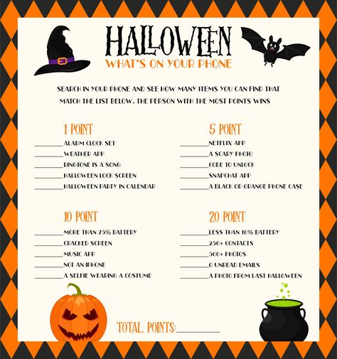 Halloween Whats On Your Phone Game Printable Halloween Activities Adults, Halloween Activities For Adults, Whats On Your Phone Game, Free Halloween Games, Whats On Your Phone, Halloween Activity Sheets, Halloween Cupcakes Decoration, Fall Family Activities, Family Halloween Party