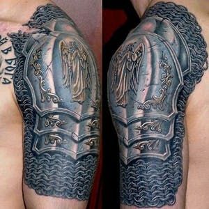 8 Powerful & Protective Archangel Michael Tattoos | Tattoodo Armor Sleeve Tattoo, Armour Tattoo, Voll Arm-tattoos, Tato 3d, Archangel Michael Tattoo, Chinese Armour, Shoulder Armor Tattoo, Body Armor Tattoo, Mechanic Tattoo