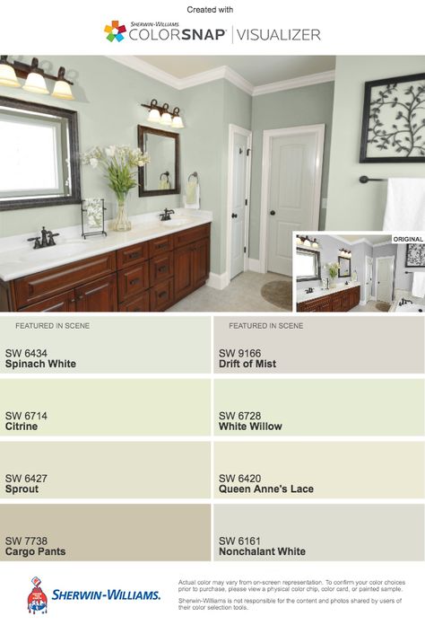 Spinach White Drift of Mist Bathroom Decor Pink And Grey, Pink And Grey Bathroom, Home Bathroom Ideas, Bathroom Decor Pink, Majolica Green, Bird Bathroom, Cat Tembok, Farmhouse Paint Colors, House Color Palettes