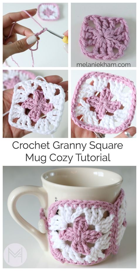 Beginner friendly crochet granny square tutorial with written instructions and video tutorial. Cup Cozy Crochet Pattern, Granny Square Häkelanleitung, Crochet Granny Square Tutorial, Crochet Mug, Crochet Mug Cozy, Cozy Crochet Patterns, Crochet Shawl Pattern Free, Mug Cozy, Crochet Granny Square