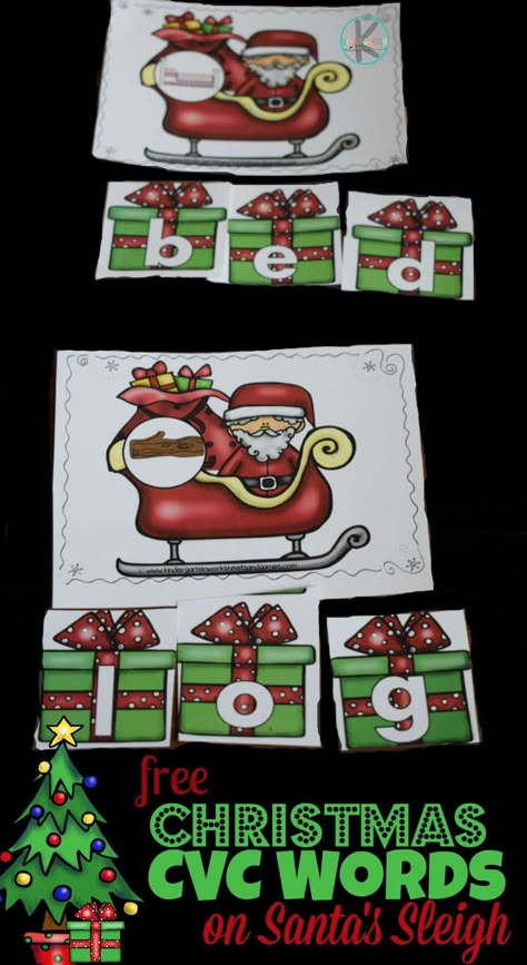 Kindergartners will have fun working on reading skills this December with this super cute, FREE printable Christmas CVC Words on Santa's Sleigh. This Christmas CVC activity is perfect for pre-k, kindergarten, and first grade students to sneak in some fun, hands-on Christmas learning. Simply print Christmas printables to plan you Kindergarten Christmas lesson plan to keep kids engaged and make learning fun this holiday season! Christmas Cvc Words Free, Christmas Literacy Centers Kindergarten, Christmas Centers Kindergarten, Christmas Sight Word Activities, December Centers, Christmas Literacy Activities, Christmas In Kindergarten, Christmas Literacy, December Kindergarten