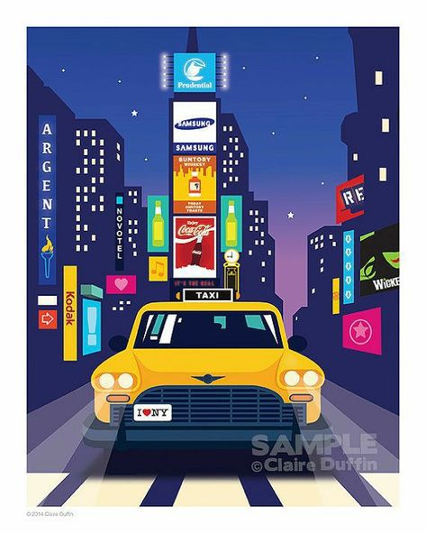 Kolkata Art, Square Illustration, New York Illustration, New York Taxi, Selfie Wall, Nyc Times Square, New York Graffiti, Transportation Poster, 8x10 Art Prints