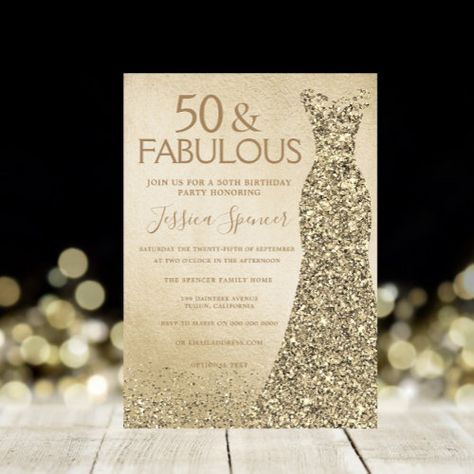 Gold Glitter Dress Womans 50th Birthday Party for $2.95 - Birthday Invitations Glitter Dress Birthday, Womans 50th Birthday, Gold Glitter Dress, Gold Sparkle Dresses, 90th Birthday Party, Moms 50th Birthday, 50th Birthday Party Invitations, 50th Birthday Decorations, 21st Birthday Invitations