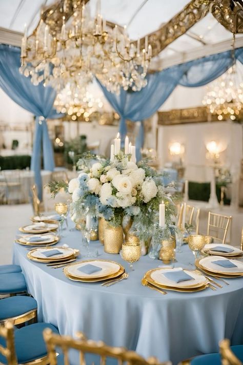 White Blue And Gold Wedding Decor, Dusty Blue And Gold Wedding Centerpieces, White Blue Gold Color Palette, Blue Gold White Wedding Theme, Blue Dusty Wedding, Gold And Blue Wedding Decorations, Dusty Blue Gold Wedding Theme, Dusty Blue Quinceanera Theme, Dusty Blue And Gold Wedding Decorations