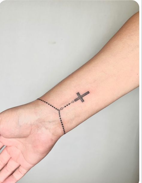 Christian Bracelet Tattoo, Rosary Cross Tattoo, Simple Rosary Tattoo, Cross And Rosary Tattoo, Small Rosary Tattoo For Women Arm, Crucifix Tattoo For Women, Rosery Tattoos On Hand, Simple Rosary Tattoo Design, Dainty Rosary Hand Tattoo