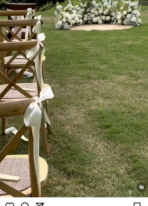 Ribbon Isle Wedding, White Chair Bows Wedding, Isle Chair Decorations Wedding, Chairs At Wedding Ceremony, Minimalist Isle Wedding, Bow On Chair Wedding, Bow Aisle Markers, Isle Chair Decor Wedding, White Wedding Chairs Ceremony