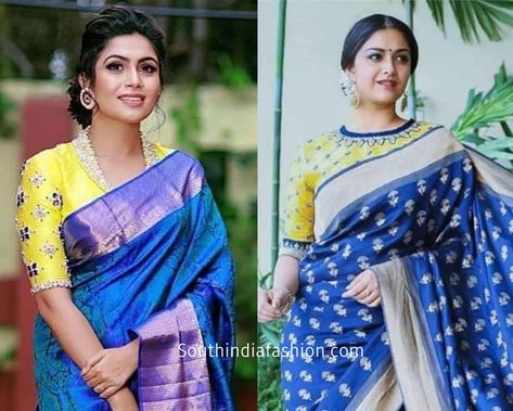 blue saree with contrast blouses Blue Colour Saree With Contrast Blouse, Blue Saree Blouse Designs, Contrast Saree Blouse Ideas, Long Blouse Designs, Blue Silk Saree, Blouse Designs High Neck, Blouse Ideas, Sari Blouse Designs, Indian Saree Blouses Designs