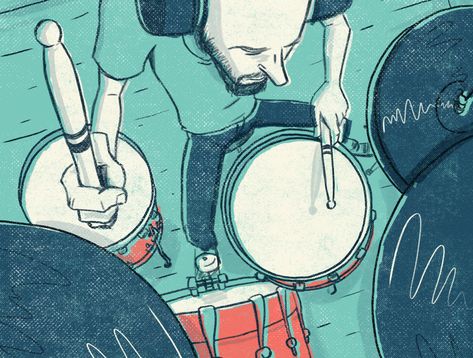 Drummer Reference Drawing, Drum Art, Playing Drums Drawing, Drumming Illustration, Drawing Of Drum Set, Drummer Illustration, Drum Set Illustration, Drum Drawing, Drummer Art