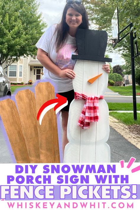 Grab $3 wood fence pickets NOW to make these EASY Christmas DIYs - Whiskey & Whit 4x4 Post Christmas Projects, Fence Picket Snowman, Fall Fence Picket Projects, Crafts With Bricks, Fence Picket Projects Diy, Wooden Snowman Diy Front Porches, Diy Wooden Christmas Decor, Wood Christmas Crafts Diy, Picket Fence Ideas Crafts