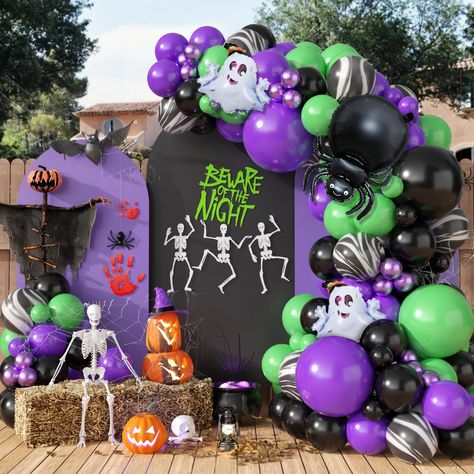 PRICES MAY VARY. 【Package Contents】This halloween balloon arch kit includes green black purple metallic balloons, 43pcs 5-inch balloons, 56pcs 10-inch balloons((include marble balloons), 4pcs 18-inch balloon, 2pcs mini ghost foil balloon, and 1pcs large black spider foil balloon, 1pcs 10M silver ribbon, 2pcs dispensing dots, 1pcs 5M balloon tape strip, With a total one Halloween balloons, this set provides everything you need to create a spooky and festive atmosphere. 【Premium Quality】Halloween Halloween Birthday Party Decorations, Dollar Tree Halloween Decor, Marble Balloons, Halloween First Birthday, Halloween 1st Birthdays, Halloween Balloon, Green Halloween, Dollar Tree Halloween, Anniversary Party Decorations