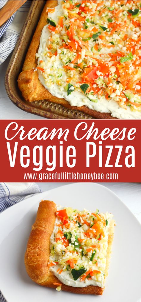 Try this Cream Cheese Veggie Pizza made with crescent roll dough for a delicious and filling easy summer meal. Find full recipe details at gracefullittlhoneybee.com Superbowl Sunday Food, Crescent Roll Veggie Pizza, Cream Cheese Pizza, Easy Summer Meal, Cheese Pizza Recipe, Crescent Roll Pizza, Apple Fritter Bread, Veggie Pizza, Summer Meal