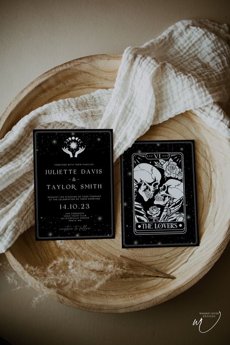 Gothic Halloween Wedding Invitation, Editable Template, Tarot Card Wedding Invitation, The Lovers Invite, WR033 by WhiskeyRiverAU on Etsy Hallowedding Invitations, Tarot Card Wedding Invitation, Tarot Card Wedding, Moody Wedding Invitations, Halloween Wedding Invitations, Card Wedding Invitation, Wedding Graphics, The Lovers Tarot Card, Pagan Wedding