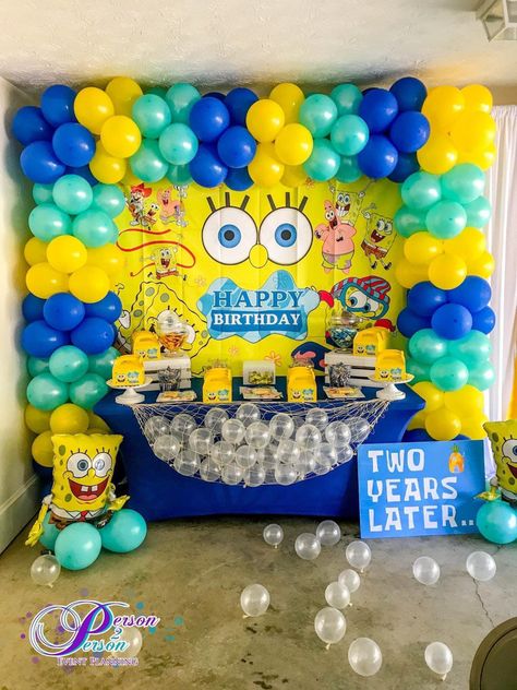 Spongebob Backdrop For Birthday, Spongebob Birthday Party Diy Ideas, Spongebob Birthday Shirts For Family, Spongebob Birthday Party Backdrop, Spongebob Second Birthday Party, Spongebob 5th Birthday Party Ideas, Spongebob Squarepants Party Decorations, Spongebob 1st Birthday Party Ideas, Spongebob 18th Birthday Party