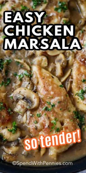 Chicken Marsala is an Italian-inspired dish made with chicken breast fillets dredged in flour, pan fried in oil, and then submerged in a rich Chicken Marsala mushroom sauce. #spendwithpennies #chickenmarsala #maincourse #chicken #marsalasauce #chickendish #withpasta #withchicken Easy Chicken Marsala Recipe, Easy Chicken Marsala, Chicken Thights Recipes, Chicken Marsala Recipe, Chicken Marsala Easy, Marsala Recipe, Marsala Chicken Recipes, Healthy Chicken Recipes Easy, Chicken Entrees