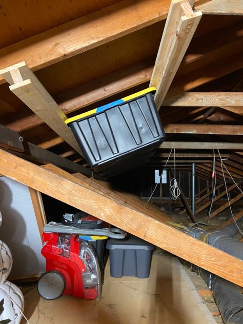 Garage Attic Storage Lift, Low Attic Storage Ideas, Low Attic Storage, Small Attic Storage Ideas, Eaves Storage Ideas, Attic Steps, Attic Storage Shelves, Crawl Space Storage, Attic Storage Ideas