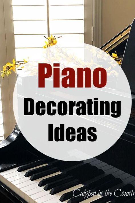 For piano decorating inspiration, here are some ideas for a baby grand piano and an upright piano. Your piano can be a great place for creating vignettes in your home. Also includes piano shopping finds for a piano teacher or music lover. For piano decor ideas and DIY piano ideas, read the blog post. September is National Piano Month! Picture Frames On Piano, Decor For Piano Top, Grand Piano Styling, Lamp On Piano, Upright Piano Decorating Ideas, Music Room With Grand Piano, Top Of Piano Decorating Ideas, Decor On Top Of Piano, Christmas Decor Piano Top