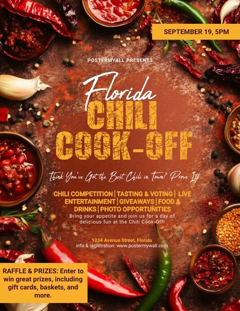 Red Maximalist Chili Cook-off Flyer (us Lette | PosterMyWall Event Poster Template, Linkedin Background Image, Kindle Book Cover, Raffle Prizes, Chili Cook Off, Drink Photo, Etsy Banner, Campaign Posters, Cook Off