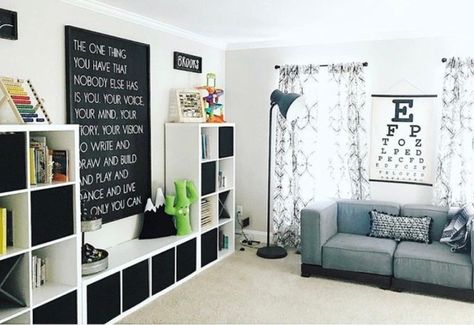 Modern Play Room Ideas, Storage solutions for kids toys, Home Decor, Home Interiors, Play Room Designs, Black and White Play Room, Decor Ideas for Kids,  Home Decor Blogger, Blog, #blog #homedecor #kids #playroomideas #playroom #homeinteriors #playroomdecor #modernhome #moderndecor #kidspace Room Ideas Storage, Playroom Modern, Designs Black And White, Play Room Decor, Basement Playroom, Toddler Playroom, Playroom Design, Room Goals, Toy Rooms