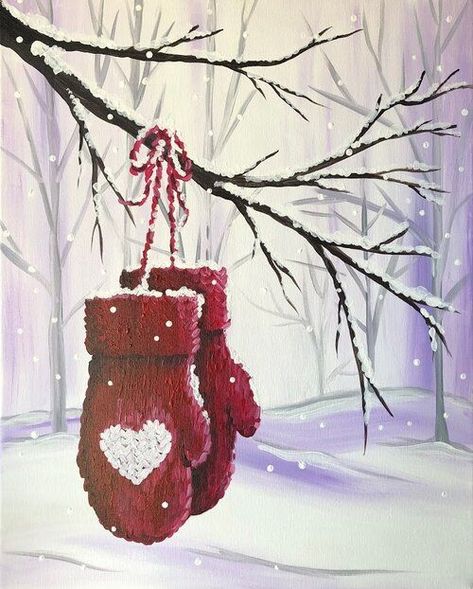 Christmas Trees Paintings, Christmas Artwork Painting, February Painting Ideas, Valentine Watercolor Ideas, Painted Christmas Cards Acrylics, Mitten Drawing, Winter Drawings Christmas, Mittens Drawing, Christmas Art Painting Acrylic