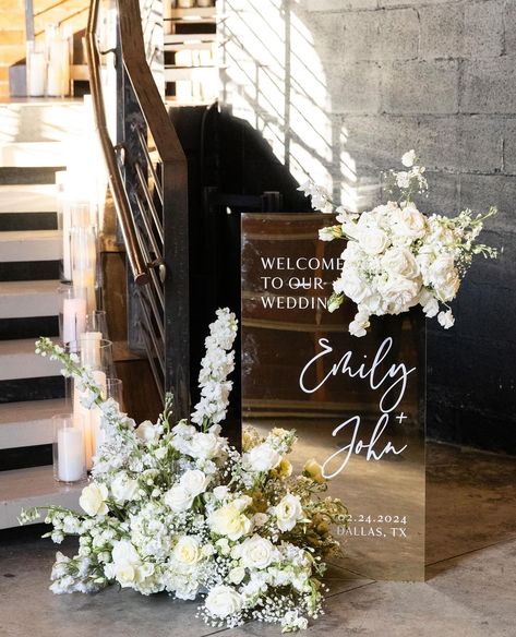 It’s giving classic & timeless! The Wrenn’s wedding was filled with gorgeous white florals and memories to last a lifetime🤍⁠ •⁠ •⁠ Wed Society | North Texas Featured Vendors:⁠ Cocktail Hour Entertainment: @dallassaxophone⁠ Floral: @drdelphiniumweddings⁠ Hair + Makeup: @teasetopleasehairandmakeup⁠ Rentals: @poshcouturerentals⁠ •⁠ •⁠ // Photo:⁠ @johncainphotography⁠ •⁠ •⁠ Other Vendors:⁠ @decondragon @perkins_chapel @fancycakesbylauren @centerstage_floors @jordankahnorchestra @igport_limos @dal... Gold Mirror Wedding Sign, Mirror Welcome Sign Wedding, Mirror Wedding Sign, Mirror Welcome Sign, Gold Mirror Wedding, Acrylic Welcome Sign Wedding, Wedding Welcome Sign Acrylic, Timeless Wedding Decor, Mirror Wedding Signs