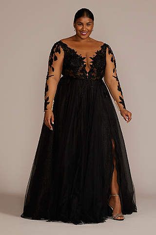 View Long Sleeves Long Wedding Dress at David's Bridal Plus Size Black Wedding Dresses, Black Wedding Dresses Plus Size, Black Maid Of Honor Dress, Plus Size Gala Dress, Plus Size Semi Formal, Lace Maxi Dresses, Black V Neck Long Sleeve, Witches Ball, Ball Outfit