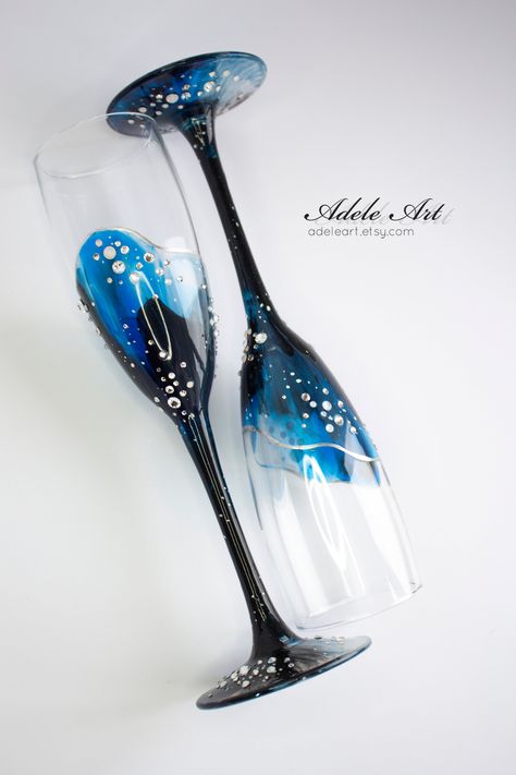 Pair of traditional crystal champagne flutes. Beautiful tall and with crystal clear crystals and Blue and Black Galaxy. ♦It is clear job, with good quality crystals. If you want to do gift and sand there flutes in another address, please note me. If you want more glasses, 4, 6 or more, also write me. I do my best. Height of one glass is 22,5 cm(8,85 inch). Flutes are hand painted. Sold as a pair.  If you choose 2 or 3, it is means as 1 listing is 2 glasses, and if you choose 2 listings - you get 4 glasses. Please allow 2 weeks for production and shipping. These are custom, made-to-order items. Rush orders available for a fee. This item is gently hand-wash only. If you want engraving in these flutes, plese add it in you order and choose number engraving. Dont forget add note with Text of yo Blue Black White Wedding Theme, Black Blue And White Wedding, Blue And Black Wedding Theme, Black And Blue Wedding Theme, Midnight Blue Wedding Theme, Galaxy Wedding Theme, Royal Blue And Black Wedding, Galaxy Themed Wedding, Black And Blue Wedding