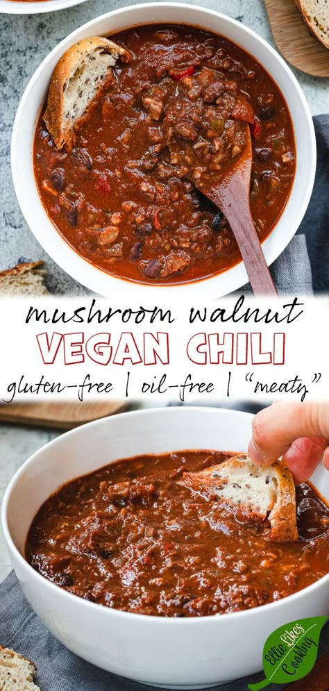 Healthy Vegan Chili Recipe, Walnut Chili Vegan, Hearty Vegan Chili Recipe, Black Bean Chili Vegan, Pecan Chili Vegan, Vegan Walnut Meat Recipes, Pecan Meat Vegan, Vegan Walnut Recipes, Vegan Supper Recipes