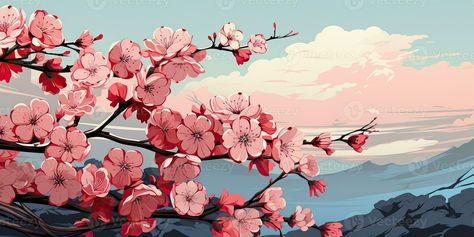 Sakura Tree Illustration, Japanese Background Landscape, Sakura Illustration, Real Samurai, Japanese Background, Cherry Blossoms Illustration, Minimal Graphic, Pc Wallpapers, Flower Mountain