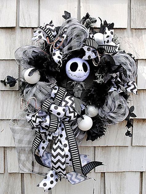 Nightmare before Christmas deco mesh wreath Nightmare Before Christmas Wreath, Skeleton Wreath, Jack The Pumpkin King, Nightmare Before Christmas Decorations, Halloween Wreaths, Black And White Stripes, Jack Skellington, Diy Halloween, The Doors