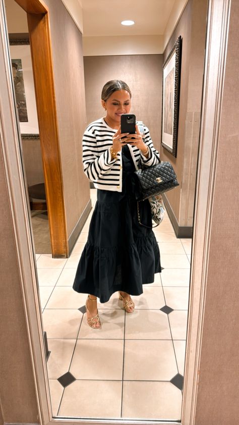 Black dress / black and white stripe cardigan / gold heels / chanel Chanel Cardigan Outfit, Black And White Striped Cardigan Outfit, Stripe Cardigan Outfit, Chanel Cardigan, Stylish Maternity Outfits, Stylish Maternity, Cardigan Outfits, Striped Cardigan, Black Stripes