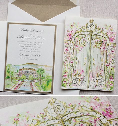 Garden gate wedding invitations. #weddinginvites #watercolor #architecture #handpainted #kristyrice #momentaldesigns Gate Wedding Invitations, Fairy Garden Wedding, Hand Painted Wedding Invitations, Painted Wedding Invitations, Painted Wedding Invitation, Illustrated Wedding Invitations, Enchanted Garden Wedding, Beach Theme Wedding Invitations, Wrought Iron Gate