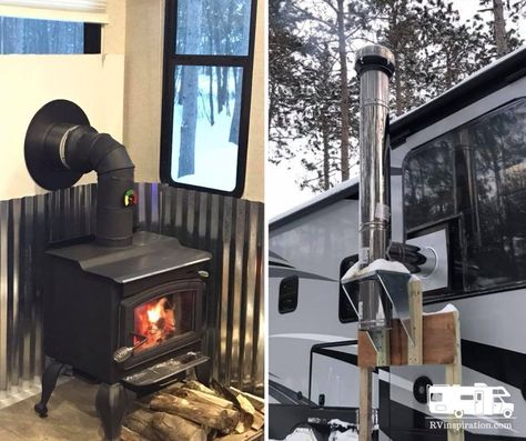 Wood stove in an RV | RVinspiration.com Trailer Wood Stove, Camper With Wood Stove, Wood Burning Stove In Rv, Wood Stove In Rv, Wood Stove In Camper, Rv Woodstoves, Rv Wood Burning Stove, Wood Burning Stove In Camper, Camper Wood Stove