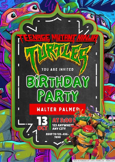 Free Editable Teenage Mutant Ninja Turtles Birthday Invitations Ninja Turtle Party Invitations, Ninja Turtle Invitations Free, Tmnt Birthday Invitations, Ninja Turtle Birthday Invitations, Ninja Turtles Invitations, Nina Turtles, Turtle Invitations, Ninja Turtle Invitations, Hunter Birthday