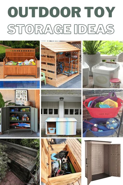 Transform your outdoor space with these brilliant DIY outdoor toy storage ideas! From repurposed pallet projects to stylish storage benches, these creative solutions will declutter your yard while adding a touch of charm. Get inspired and create an organized and beautiful oasis right in your own backyard! Outside Toy Storage Ideas, Kids Outdoor Toy Storage Ideas, Outdoor Kids Storage, Outdoor Sports Storage Ideas, Outdoor Game Storage, Outdoor Toy Storage Ideas Patio, Storage For Outdoor Toys, Porch Toy Storage, Sandbox Toy Storage Ideas