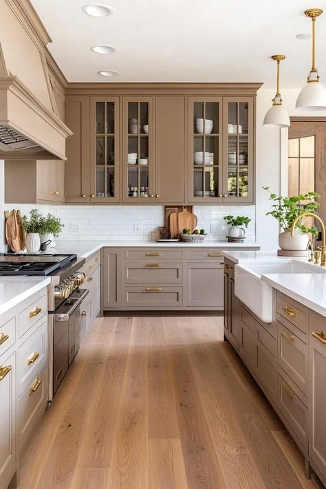 Cool Color Kitchen Cabinets, Small Kitchen Taupe Cabinets, Tan Cabinets With Gold Hardware, Cute Modern Farmhouse Kitchen, Pretty Cabinet Colors, Dark Beige Cabinets Kitchen, Ash Brown Kitchen Cabinets, Mushroom Colored Kitchen Cabinets, Taupe And Blue Kitchen