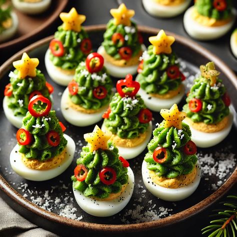 Cute Deviled Eggs Thanksgiving, Christmas Tree Deviled Egg, Thanksgiving Deviled Eggs Turkey, Deviled Egg Christmas Tree, Christmas Tree Deviled Eggs, Christmas Deviled Eggs Ideas, Deviled Eggs Christmas, Turkey Deviled Eggs, Fancy Deviled Eggs