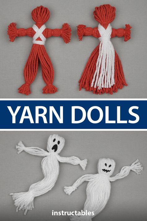 Easy Yarn Dolls, How To Make A Poppet, How To Make A Yarn Doll, Halloween Crafts With Yarn, Yarn Crafts Halloween, Yarn Kids Crafts, Yarn Dolls How To Make, Diy Yarn Dolls How To Make, Yarn Art For Kids